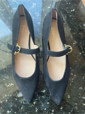 Boden Black Suede Mary Jane Flats with Gold Buckle